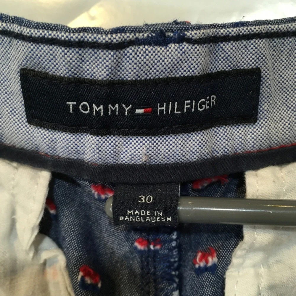Tommy Hilfiger Logo Print Chino Shorts Mens 30 Blue Chambray‎ Nautical Preppy